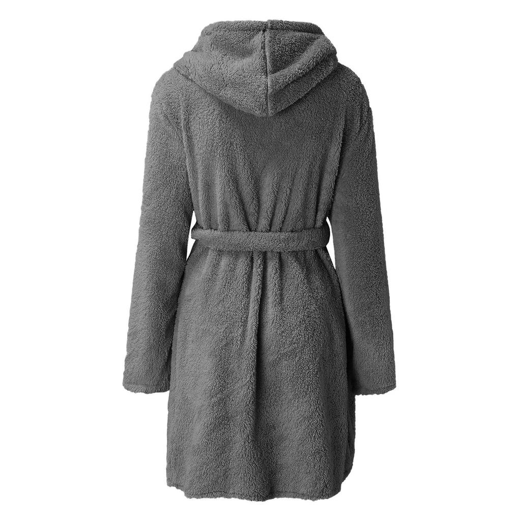 Women's Plush Hooded Bathrobe - Solid Color, Warm Pajamas for Autumn and Winter