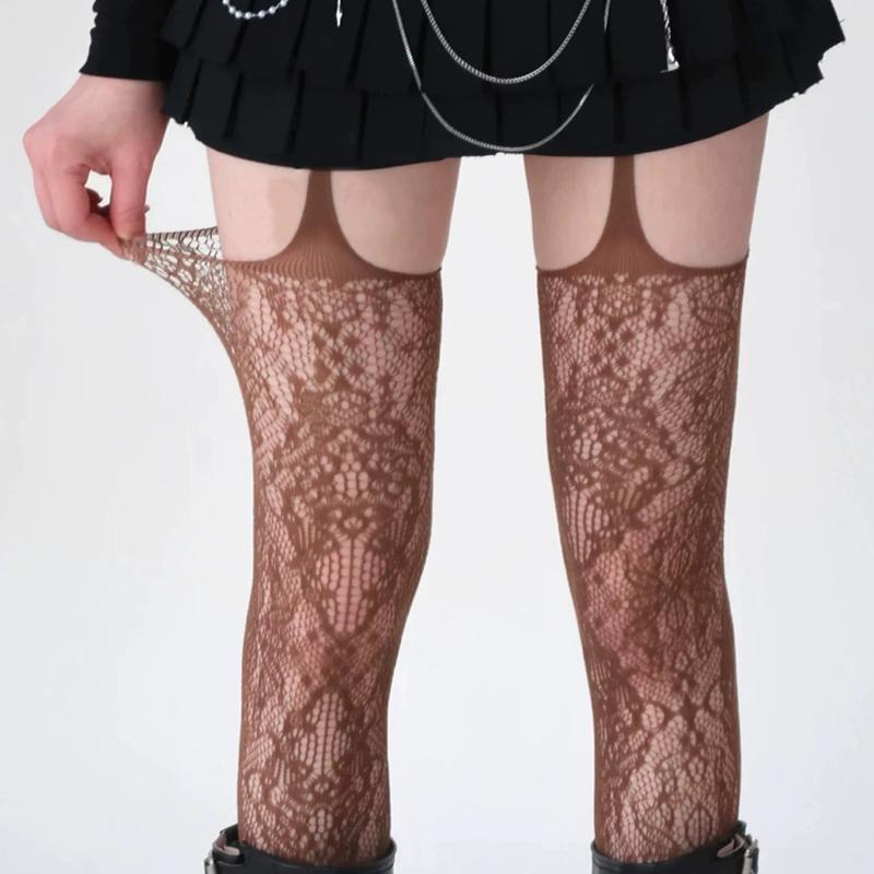 Gothic Punk Lace Floral Tights Solid Color Women Sexy Stockings Hollow Out Mesh Fishnet Pantyhose Lolita Sweet Girls Long Sock