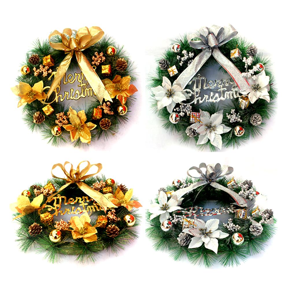 Christmas Wreath with Led String Light Garland Merry Christmas Front Door Wreath Artificial Plants Flower Wall Window Hanging Ornament