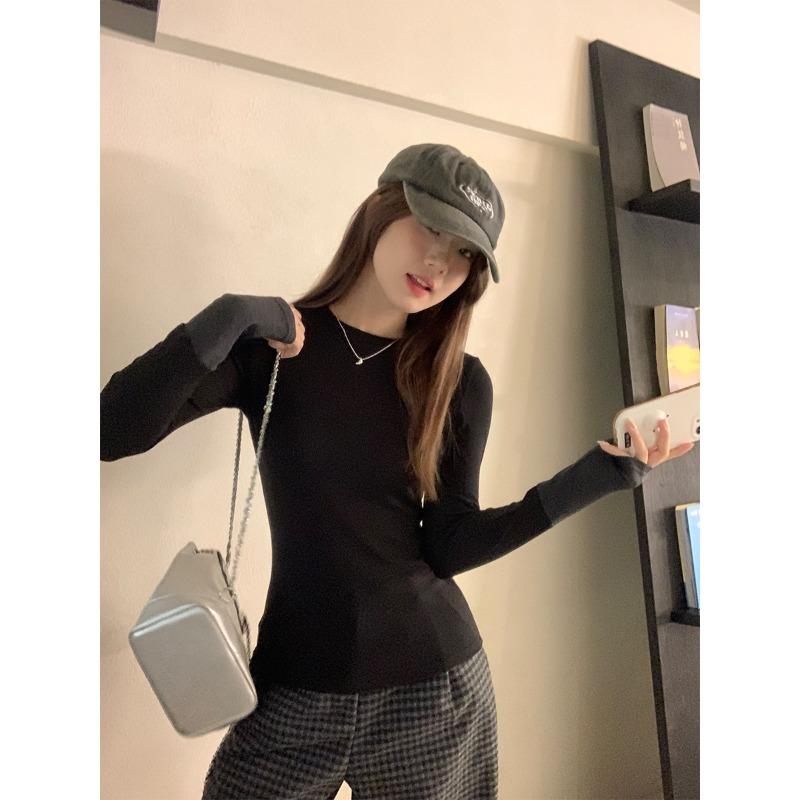 Осенне-зимний дизайн, контрастная цветная вставка, круглый вырез, универсальная кашемировая футболка с длинным рукавом для женщин, для многослойности с миниатюрными топами