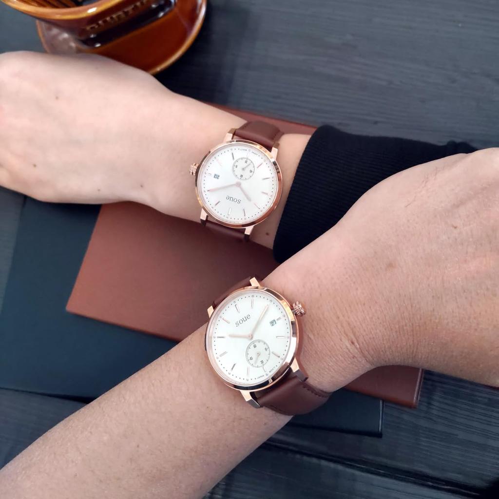 SOUE Pair Watch Classics Pair Watch Pair Couple 38mm Size Leather Belt Leather Band Brown Pink Gold Ivory Dial [SOUE] Women's Men's