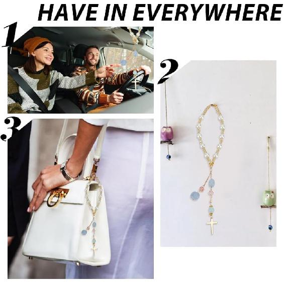 Natural Jade Cross Car Hanging Ornament Rearview Mirror Accessories Glass Beaded Charms With Pearl Car Hanging Accessories Suncatcher for Car Rear