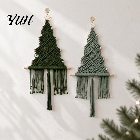 Nursery Room Wall Ornament Hand?Woven Christmas Tree Hanging, Boho Tapestry with Wooden Beads & Gift for Holiday Star, Xmas Art Decor Home Farmhouse