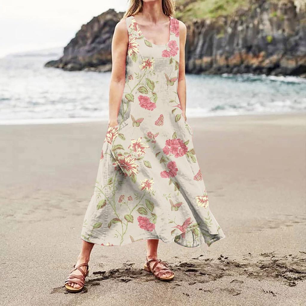 Женское повседневное удобное хлопковое карманное платье без рукавов с градиентным принтом