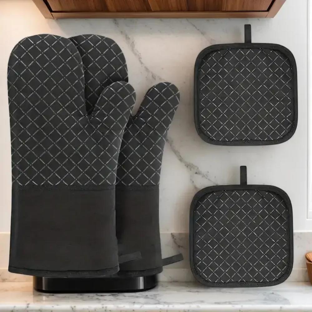 Набор из 4 предметов: кухонные прихватки и подставки для сковородок, термостойкие перчатки для духовки до 500°F, нескользящие полосатые силиконовые перчатки для духовки, термостойкие