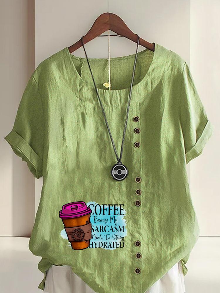 Women's Fashion Coffee Alphabet Print Casual Cotton Linen Short Sleeve Round Neck T-shirt Shirt Leisure Loose Summer Blouse Tops