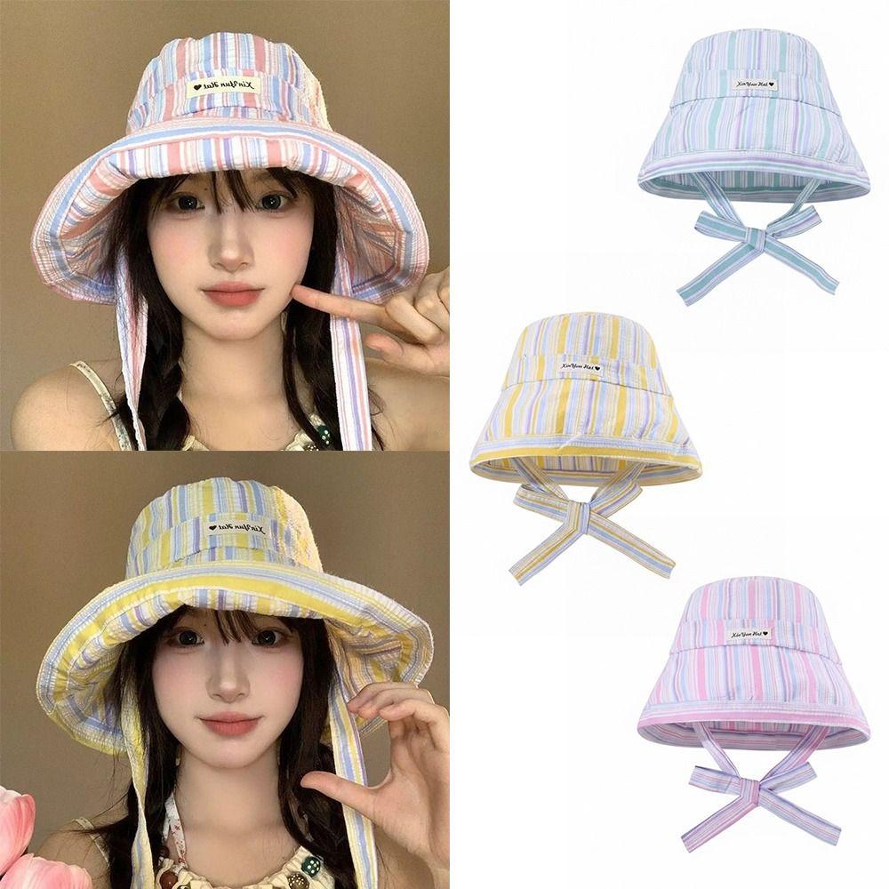 Colorful Striped Fisherman Hat Lace-up Summer Cap Korean Fashion Sun Hat Women