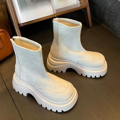 Модные Стильные Однотонные Ботильоны на Блочном Каблуке с Застежкой-Молнией Сзади Осенние Новые с Круглым Носком Панельные Замшевые На Платформе Противоскользящие Износостойкие