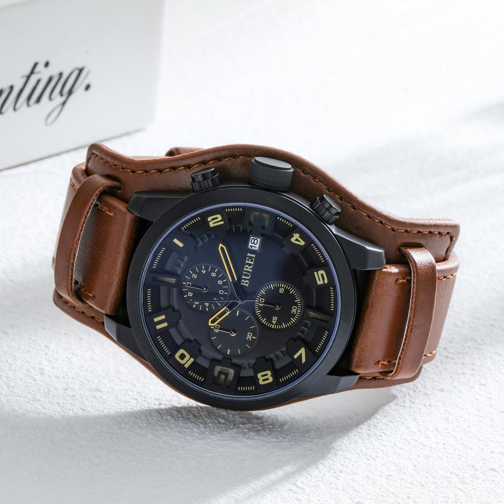 Watch Analog Waterproof Simple Male Brown Leather Strap Clock Japanese Battery [Baosho] Men's