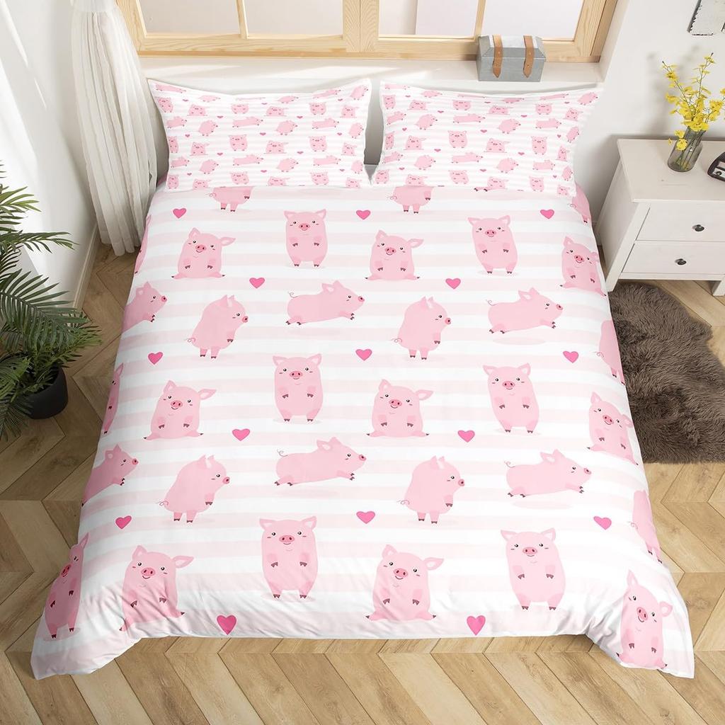 Pink Pig Bedding Set King Queen Sleeping Pig Duvet Cover For Kids Boys Girls Kawaii Animals Comforter Cover With 2 Pillowcases