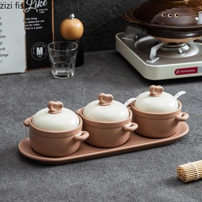 Керамический набор банок для приправ, креативная солонка, банка для сахара, банки для перца, специй, банки для свиного жира, набор из четырех предметов для кухни с ложкой