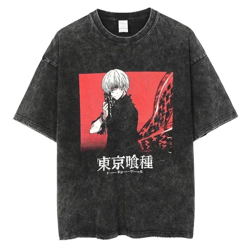 Горячее Аниме Токийский Гуль Красная Паучья Лилия Графическая Выстиранная Футболка Мужская Винтажные Футболки Y2k Хлопковая Футболка Харадзюку Мужские Повседневные Топы