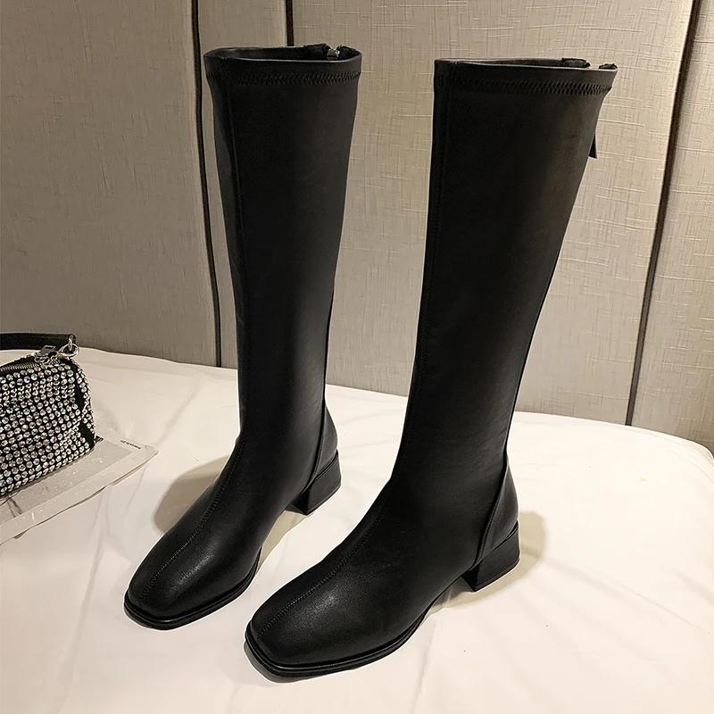 Fashion Winter Woman Knee-High Boots Fashion Comfort Soft Leather Square Low Heel Long Booties 2024 Trend Add Fur Women's Boots