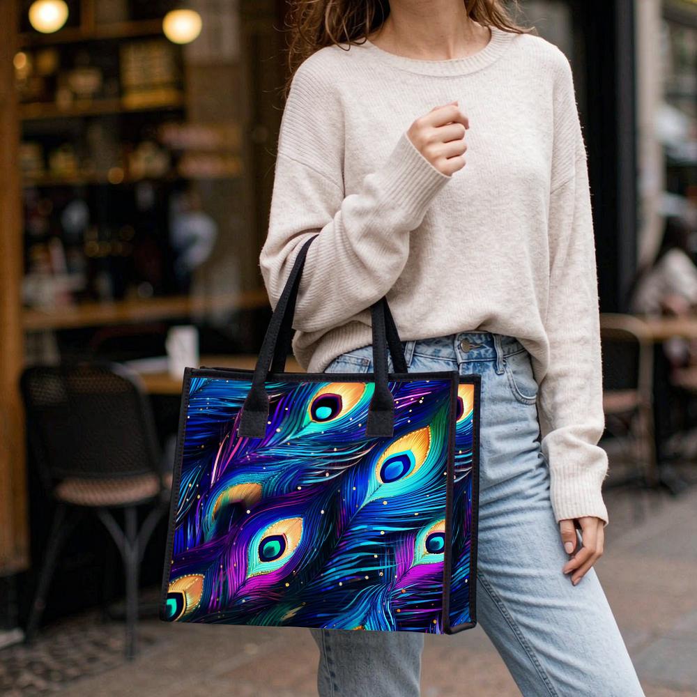 Vibrant Peacock Feather Daily Tote Stylish Women Casual Shoulder Bag Portable Commuter Shopping Handbag
