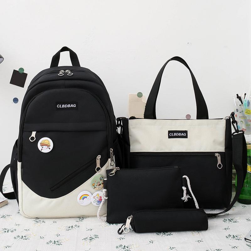 4 Pcs Sets Canvas Schoolbags Girls Women Backpackd Contrast Color Women Laptop Backpack Student Kids Rucksack Backpack