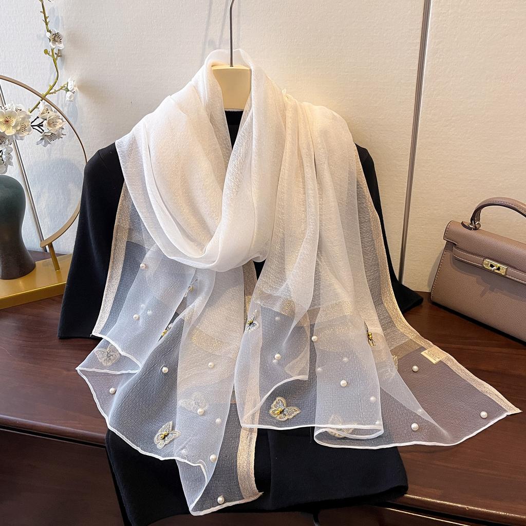 New Versatile Shawl Imitation Silk Thin Silk Scarf for Women Spring and Summer Butterfly Pearl Light Luxury Fashionable Warm Neck Protection Shawl