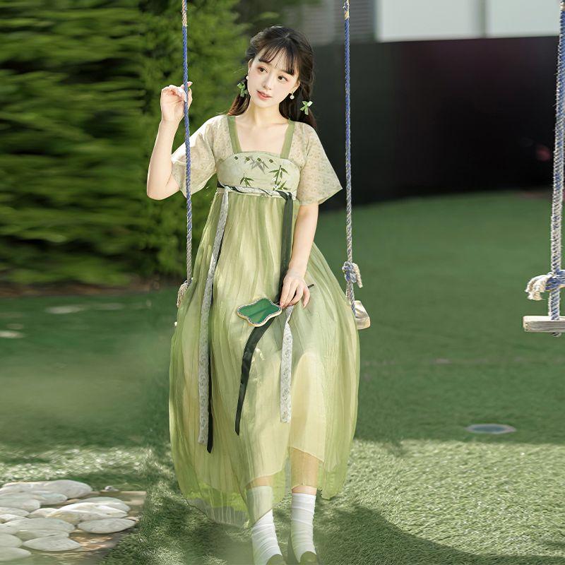 Женское улучшенное свободное платье средней длины Hanfu с короткими рукавами большого размера