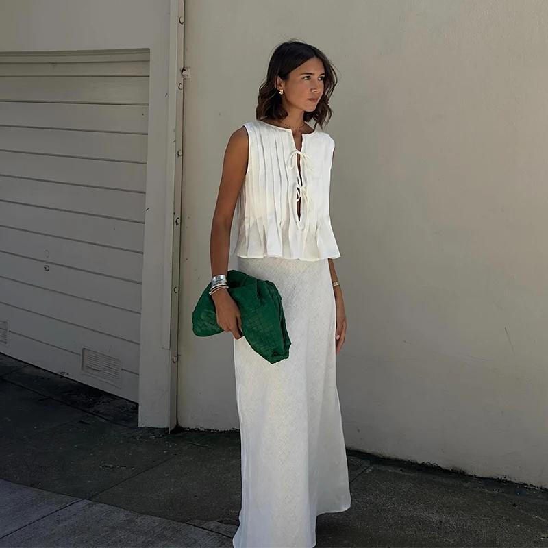 Белый жилет из хлопка и льна, плиссированный короткий топ со шнуровкой, женский, с круглым вырезом, без рукавов, с оборками, топы для отпуска и пляжа, лето