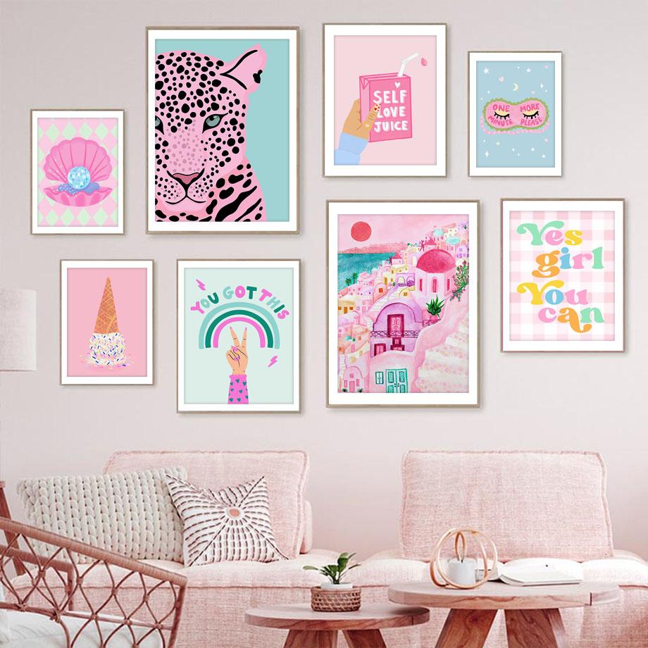 Aesthetic Poster Pink Juice Ice Cream Cheetah Greece City Rainbow Painting Wall Art Canvas Print Pictures For Living Room Decor