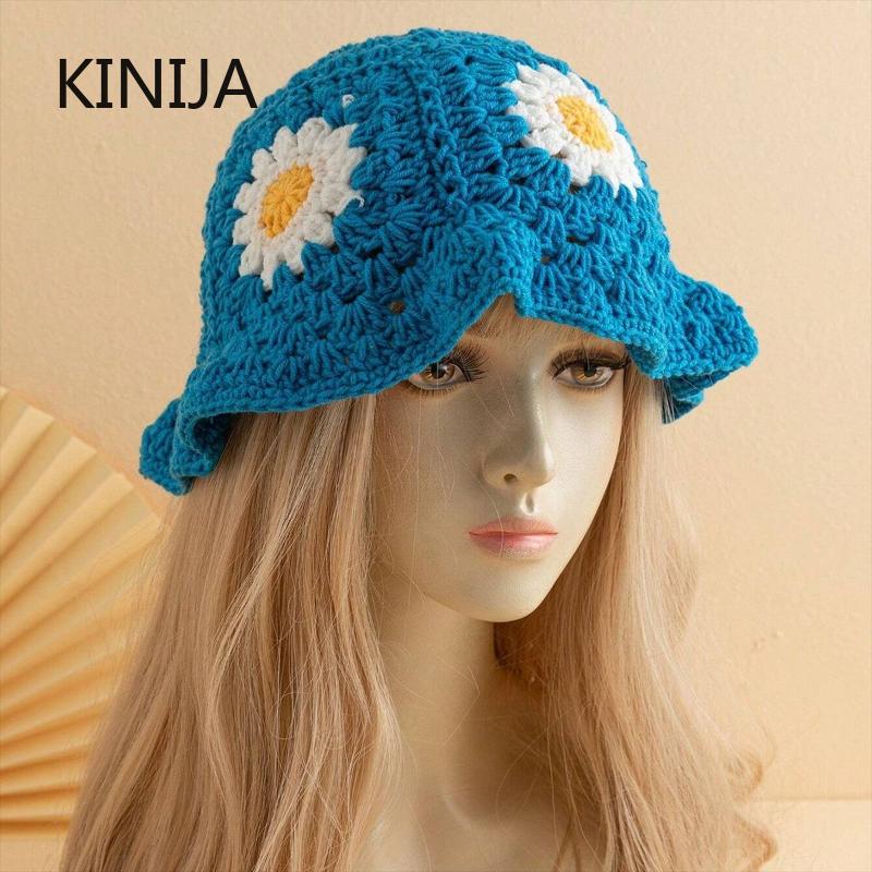 Handmade Crochet Flower Bucket Hat for Girls Korean Fisherman Hat Travel Beach Panama Cap Knitted Hat Winter Beanie Cap
