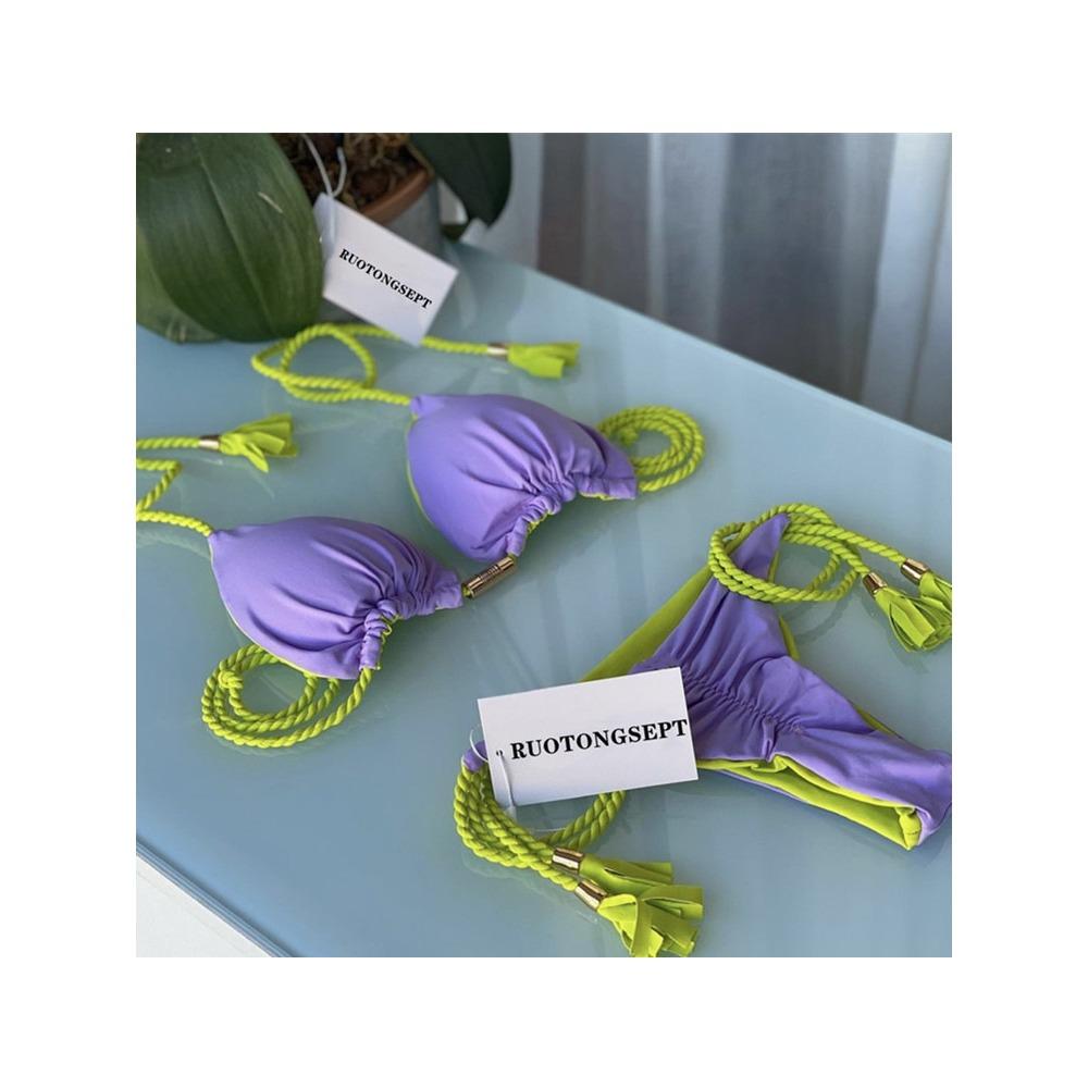 Европейский и американский купальник сексуальный треугольный мешок женский раздельный однотонный сексуальный многоцветный плетеный веревочный бикини