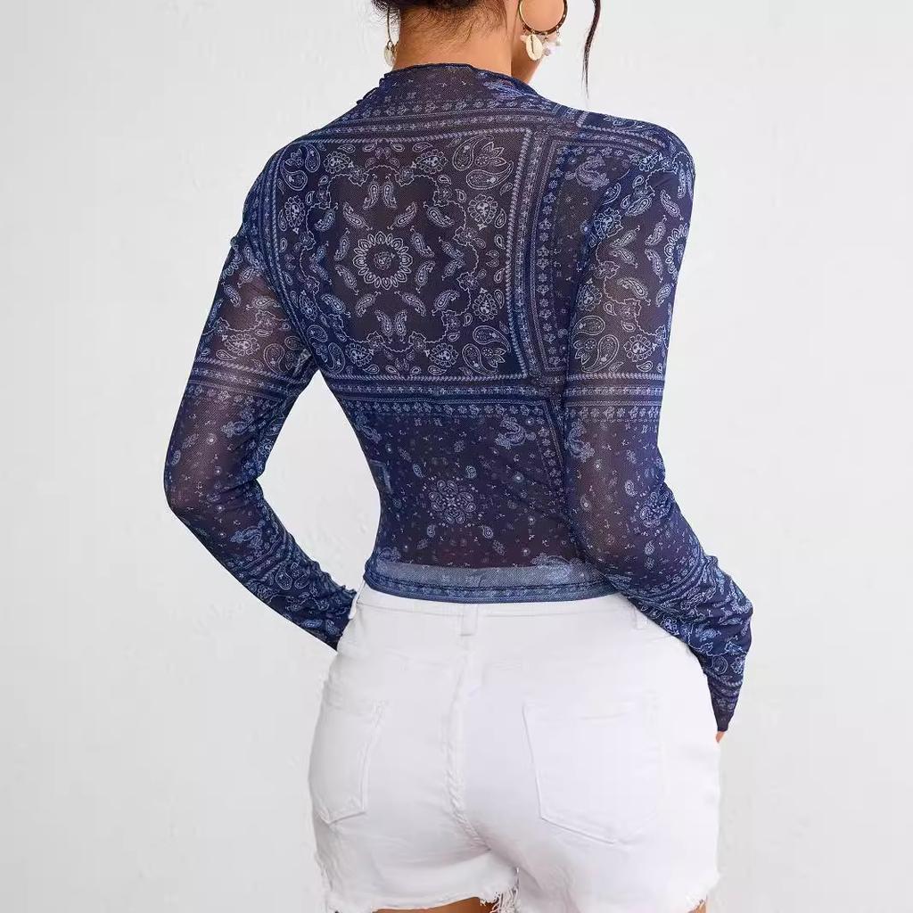 Весенне-летняя элегантная женская сетчатая футболка с принтом, воротником-стойкой и длинными рукавами, укороченная. Универсальная модная рубашка.