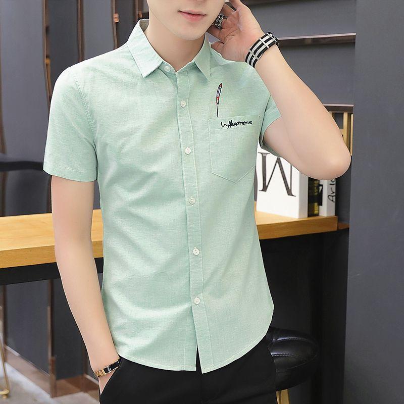 Summer Men's Short-sleeved Shirt Trend Fashion Embroidery Shirt Slim Work Men's Professional Inch Shirt