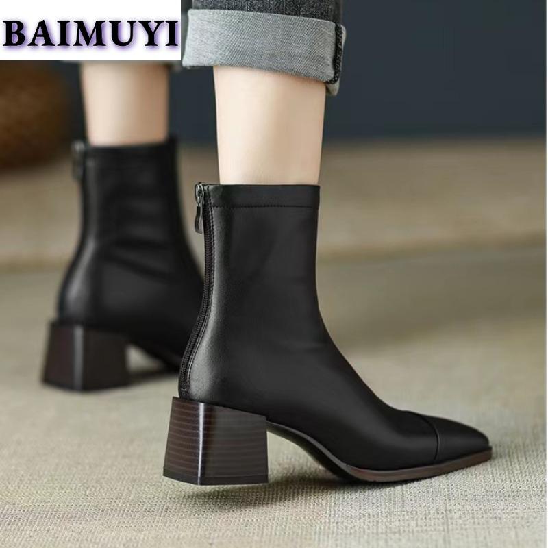 Модные женские ботильоны с квадратным носком на высоком каблуке, меховые зимние ботинки, короткие, плюшевые, 2024, трендовые, челси, ретро, мягкая кожа, осенние, готические, Botas Mujer