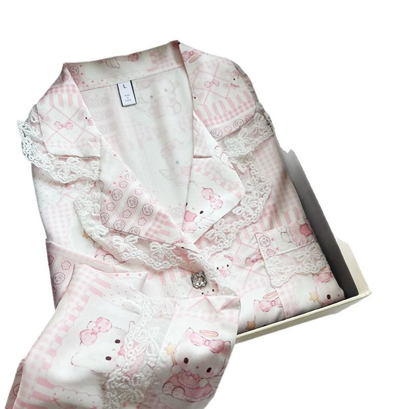 Moe-Style Sweet Pink Kitten Pajamas: Soft Silk, Long-Sleeved & Long Pants for Women - Spring & Autumn Collection