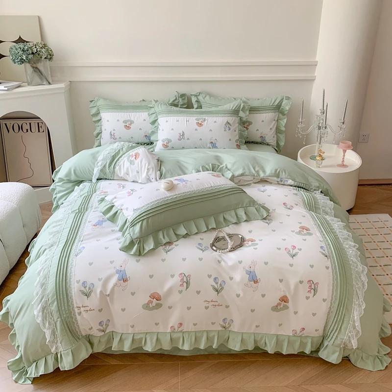 4Pcs Princess Bow Korean Duvet Cover With Ruffle Lace Luxury Bedding Set Bed Sheet For Girls Flower Bedspread Decor Home