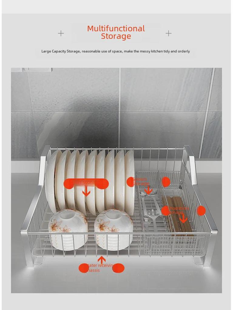 304 Stainless Steel Single Layer Kitchen Storage Rack with Chopstick Basket and Dish Drain