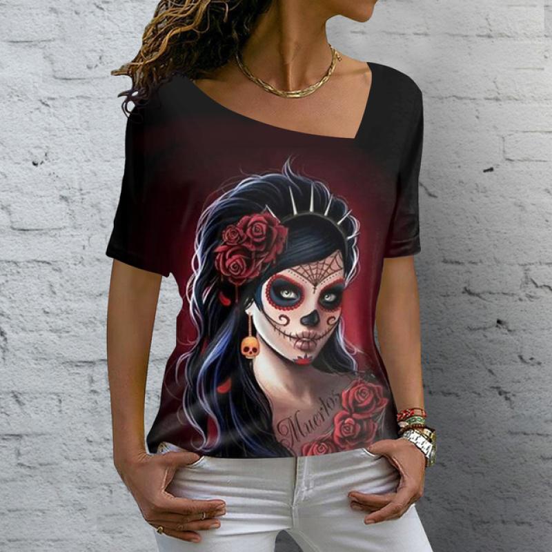 Лето 2023, винтажная женская футболка с изображением черепа, топы с v-образным вырезом, повседневный хлопковый пуловер с короткими рукавами, женская уличная одежда в стиле Харадзюку в стиле панк