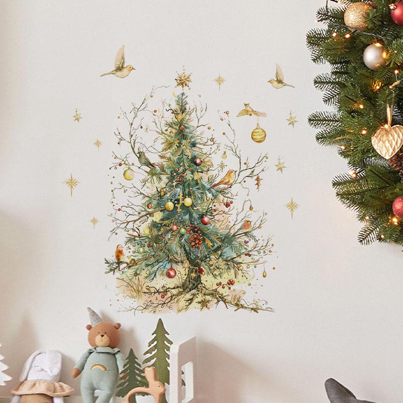 Christmas Wall Sticker: Green Tree with Gold Snowflakes and Red Girl Design for Living Room & Bedroom
