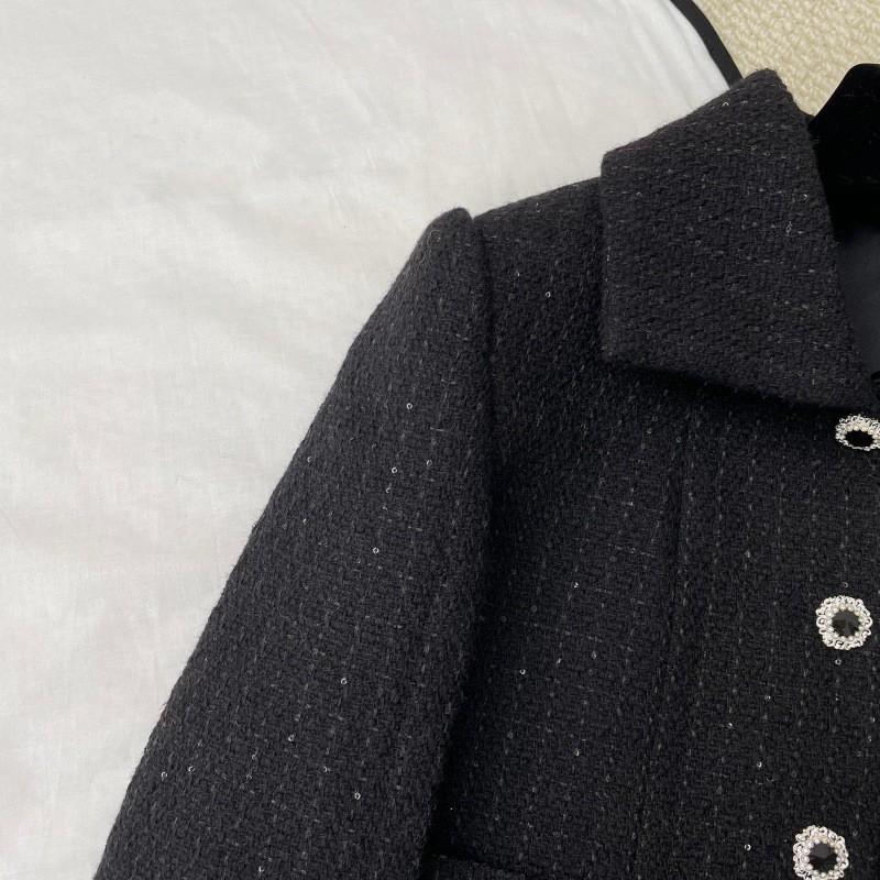 2026 Womens Black Sequin Lapel Short Cropped Blazer Slim Fit French Chic Elegant Coat Cotton Blend