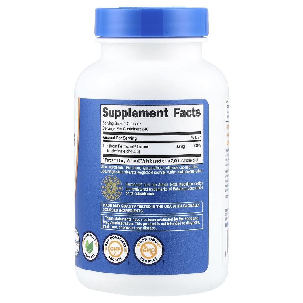 Nutricost Хелат железа от Ferrochel®, 36 мг, 240 капсул