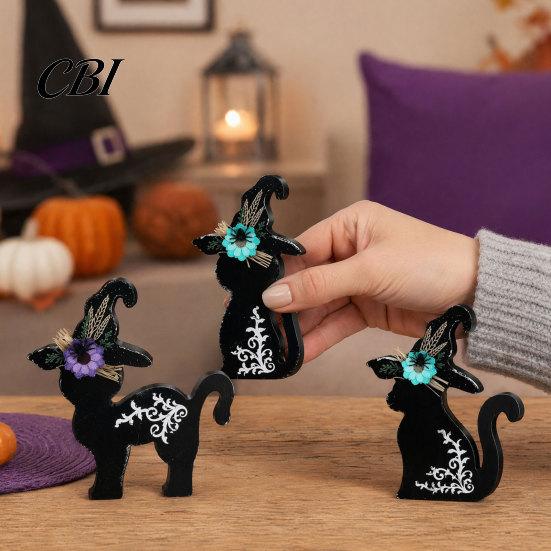 Halloween Mantel Decor 3Pcs Decoration, Black Cat Ghost Witch Hat Table Decor, Decorations Rustic Farmhouse Wooden Centerpieces for Home Office Tiered