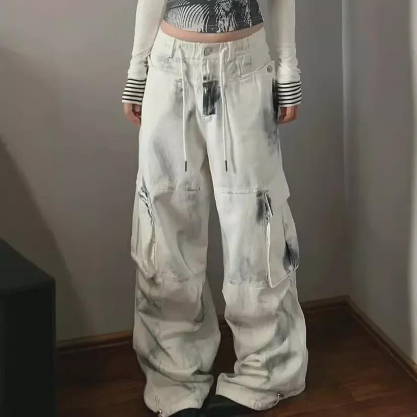 Женские джинсы в американском стиле с потертостями и широкими штанинами, с множеством карманов