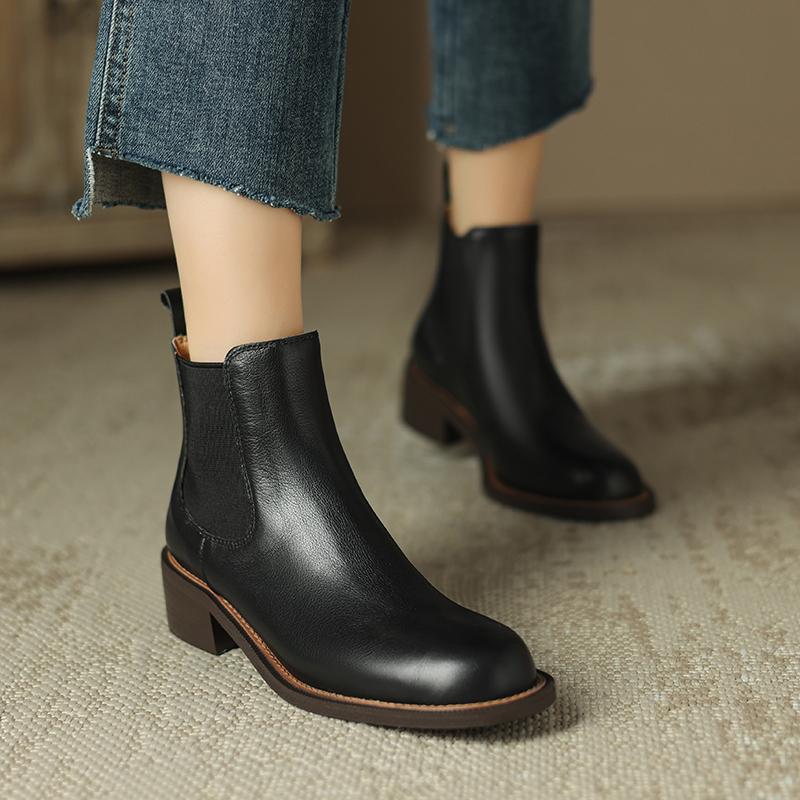 Krazing Pot Cow Skin Autumn Winter Shoes Concise Thick Heels Size 43 Size 42 Chelsea Boots Round Toe Slip On Retro Ankle Boots