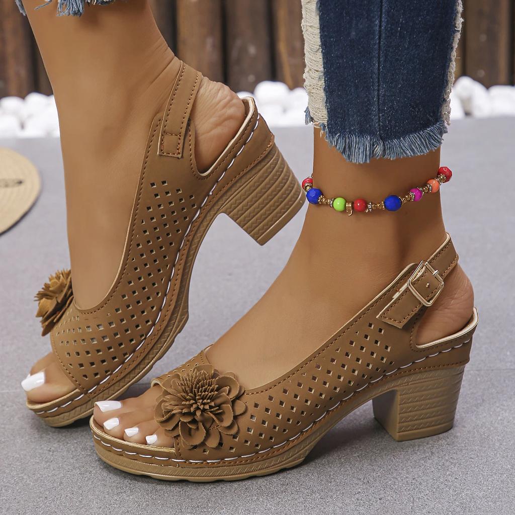 Fashion Fashion Flower Decor Square Heel Sandals Women Hollow Out Breathable Slingback Sandals Woman Summer Comfort Casual Beach Shoes