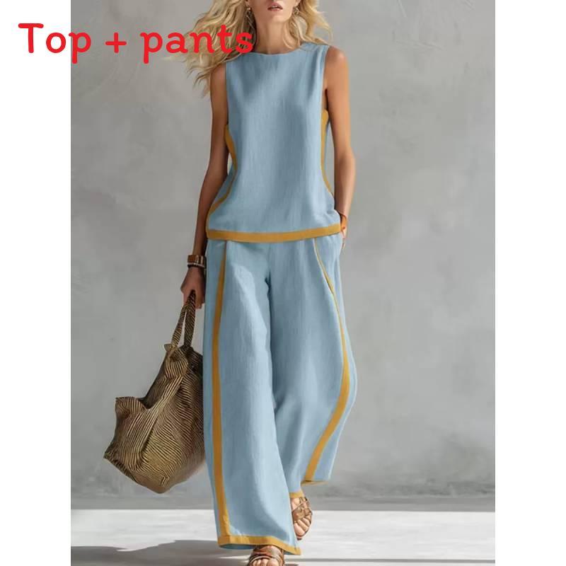 Womens Summer Sleeveless Color Block Pantsuit With Pockets And Splicing For Casual Wear