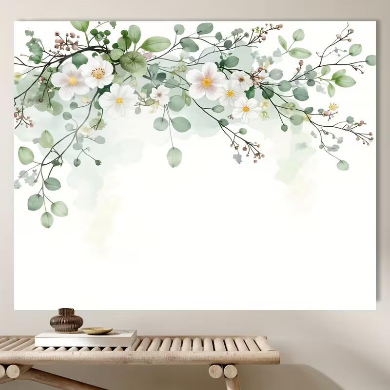 2D Watercolor Eucalyptus and White Flowers Backdrop Party Photo Background Cloth