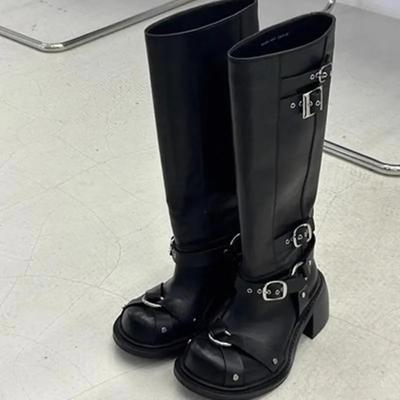 Повседневные женские сапоги до колена Модные Высококачественная кожа Квадратный каблук Рыцарские ботильоны Тренд Женские длинные сапоги