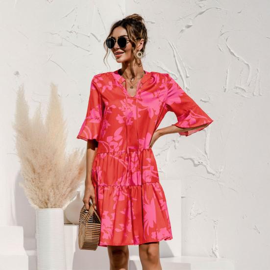 Женское летнее мини-платье с пышными короткими рукавами, V-образным вырезом и плиссировкой, в стиле бохо