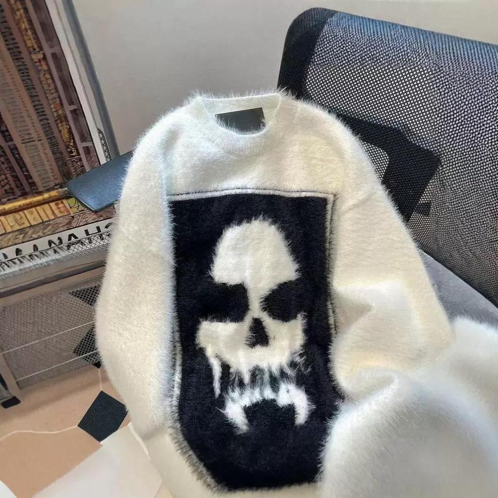 Унисекс Свитер из высококачественной норки с вязаным черепом - Модный уличный стиль
