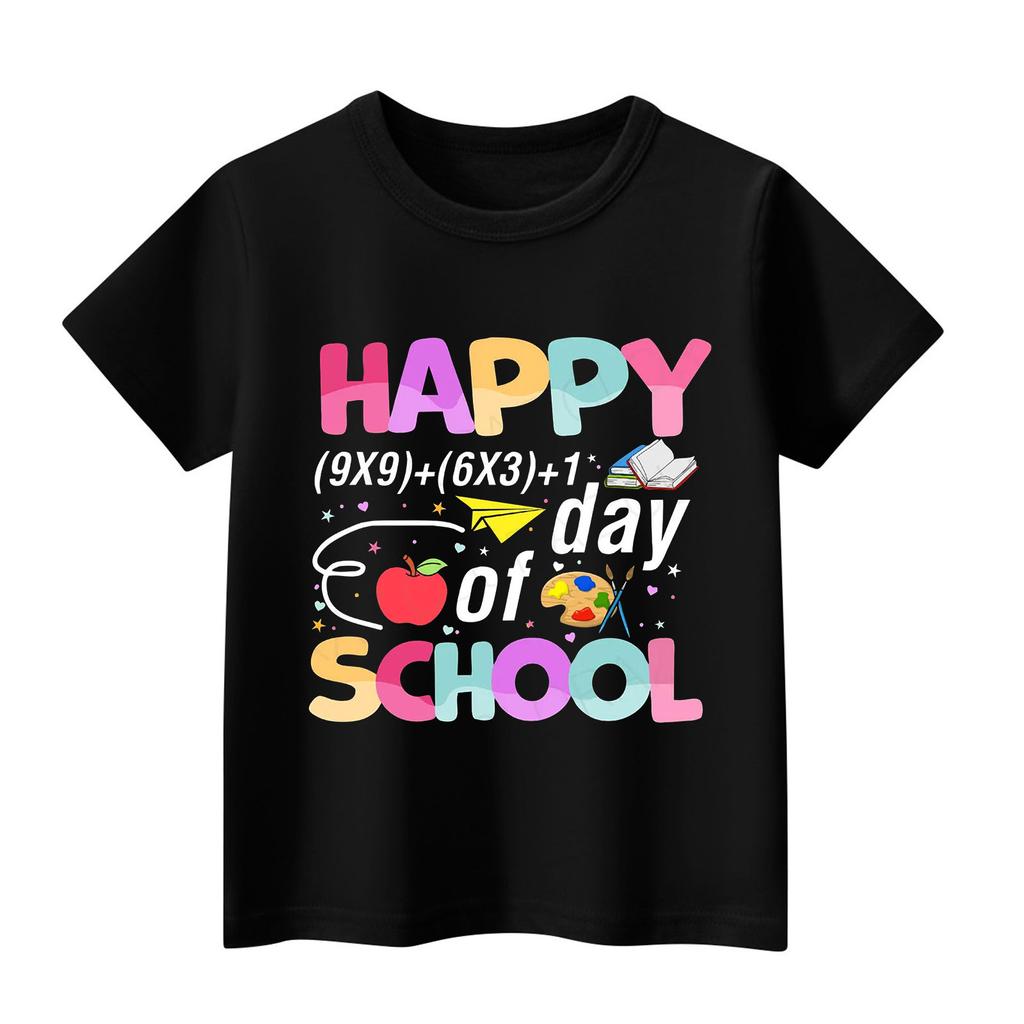 Kids Fashion Casual Short Sleeve 100 Day School Anniversary Printed Round Neck T-Shirt Top