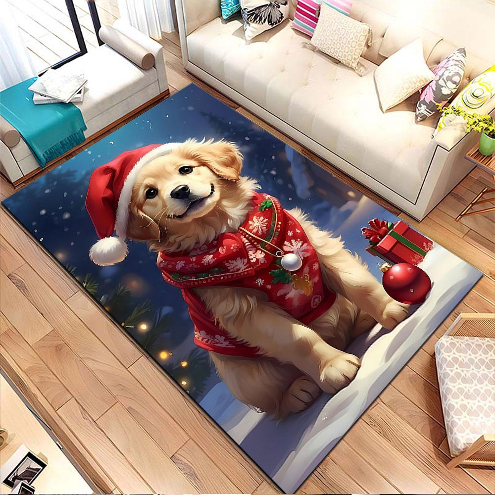Golden Puppy in Christmas Attire Patterned carpet, non slip mat suitable for living room and bedroom sofas
