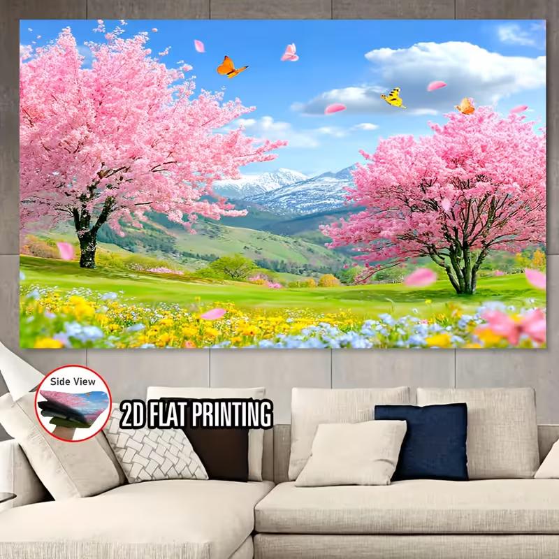 2D Colorful Butterflies and Sakura Trees in a Green Spring Landscape