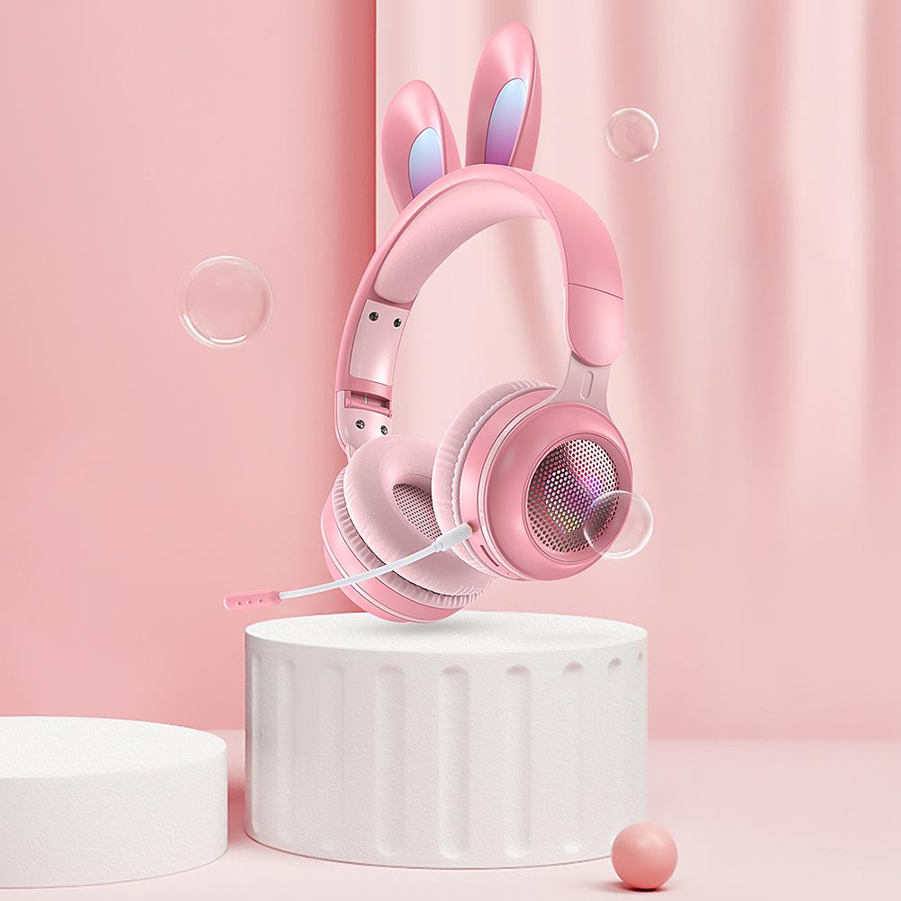 Милые Светящиеся Bluetooth-наушники с ушками кролика и выдвижным микрофоном для девочек, для музыки и прямых трансляций