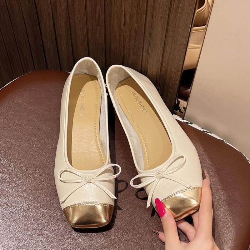 Low Heel Mary Jane Shoes Women 2024 New Bow Square Head Silver Patchwork Flat Ballet Shoes Women Apatos De Mujer