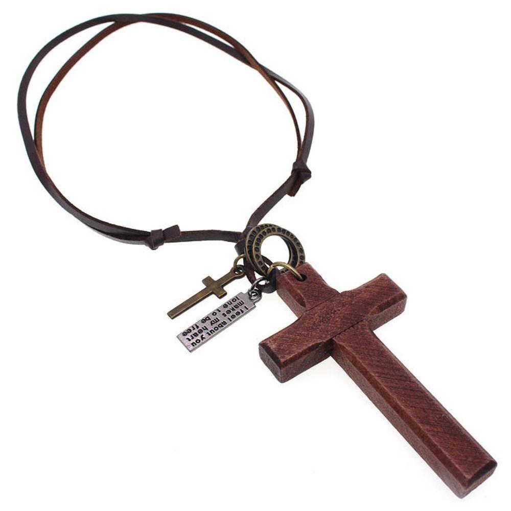Metal Tags Wood Cross Necklace Religious Crucifix Pendant Chain Handmade Cross Necklace Women